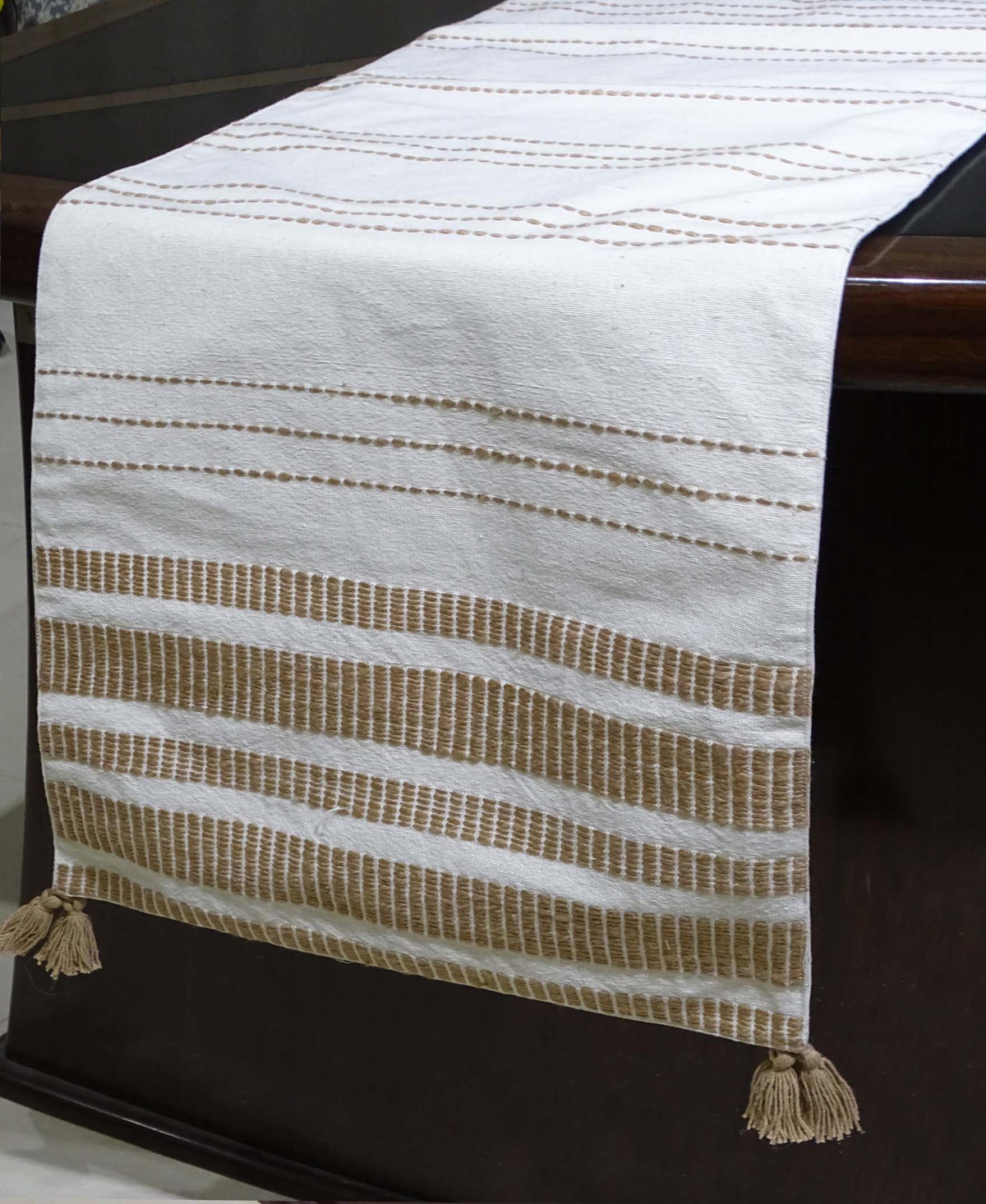 Woven Cotton Table Runner, Off White and Beige