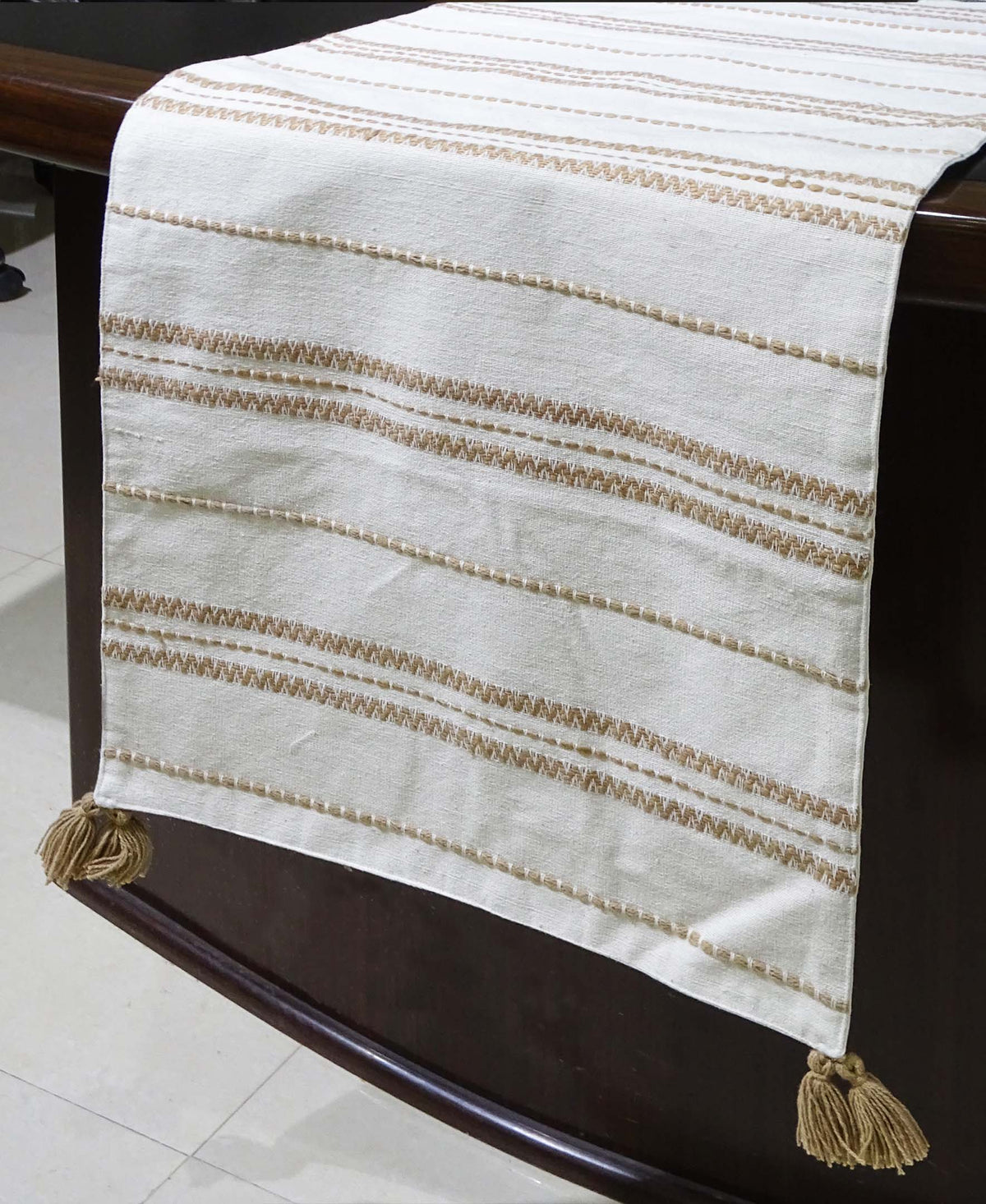 Beige Embroidered Cotton Table Runner, 16 x 90 in